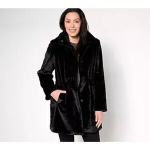 Dennis Basso Womens XLP Faux Mink Anorak Jacket Removable Hood Black NWOT